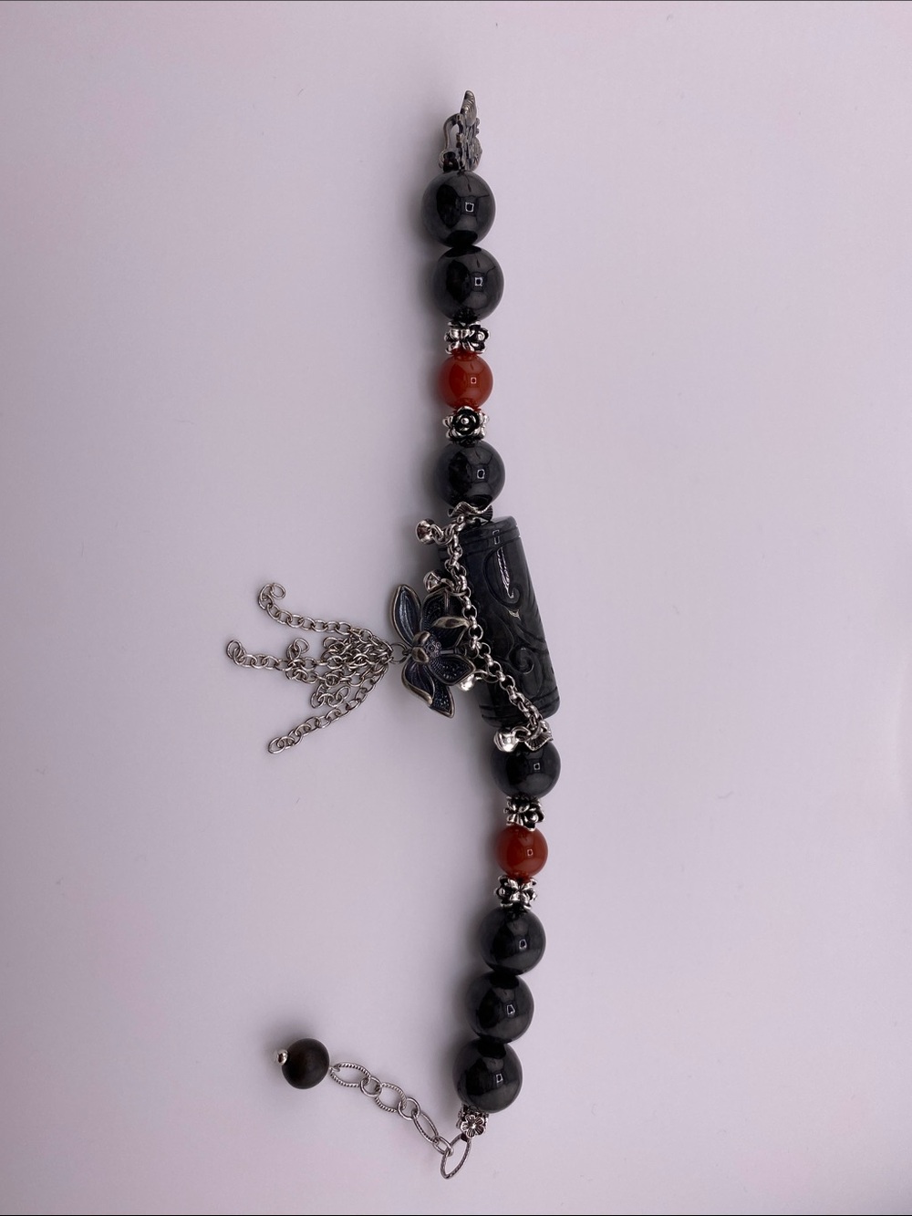 🪷 Black Jade Carved Cylinder Tibetan Silver Lotus Tassel Bracelet